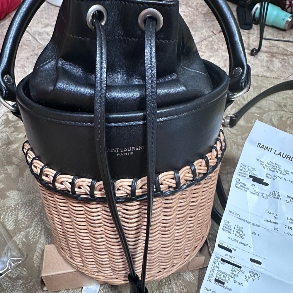 Saint Laurent Black Leather and Tan Woven Shoulder Bag